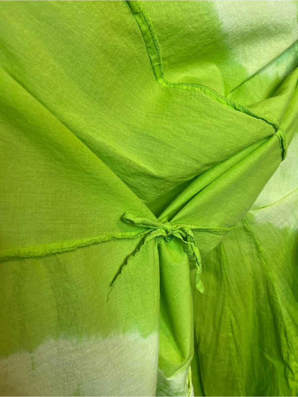 Artsy Boho Lagenlook French Bustle 100% Cotton Midi Dress Lime Green Tie Dye - Picture 12 of 15